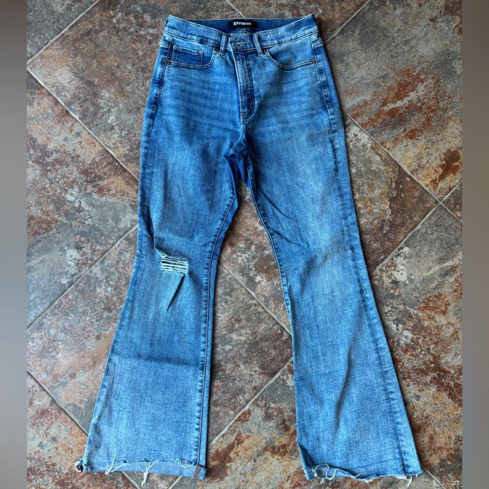 Express Distressed Denim Flare Jeans